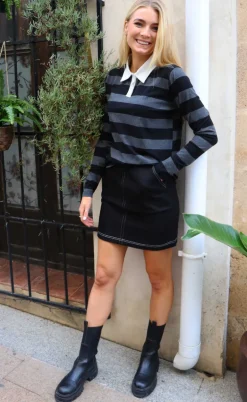 Liberte Bluse - Polo - Dark Grey Black Stripe