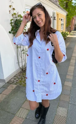 Say INA Copenhagen Kjole - Selma - Blue Striped W. Strawberries