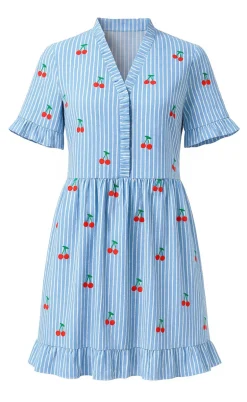 Say INA Copenhagen Kjole - Catja Summer - Blue Striped W. Cherries