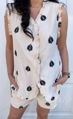 Say INA Copenhagen Shorts - Melania - Beige W. Black Embroidery