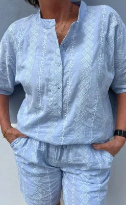 Say INA Copenhagen Skjorte - Erica - Blue/White Embroidery