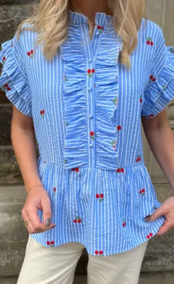 Say INA Copenhagen Top - Freya - Blue Striped W. Cherries