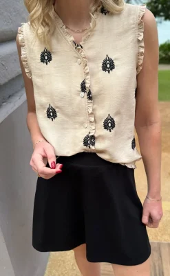 Say INA Copenhagen Top - Melania - Beige w. Black Embroidery
